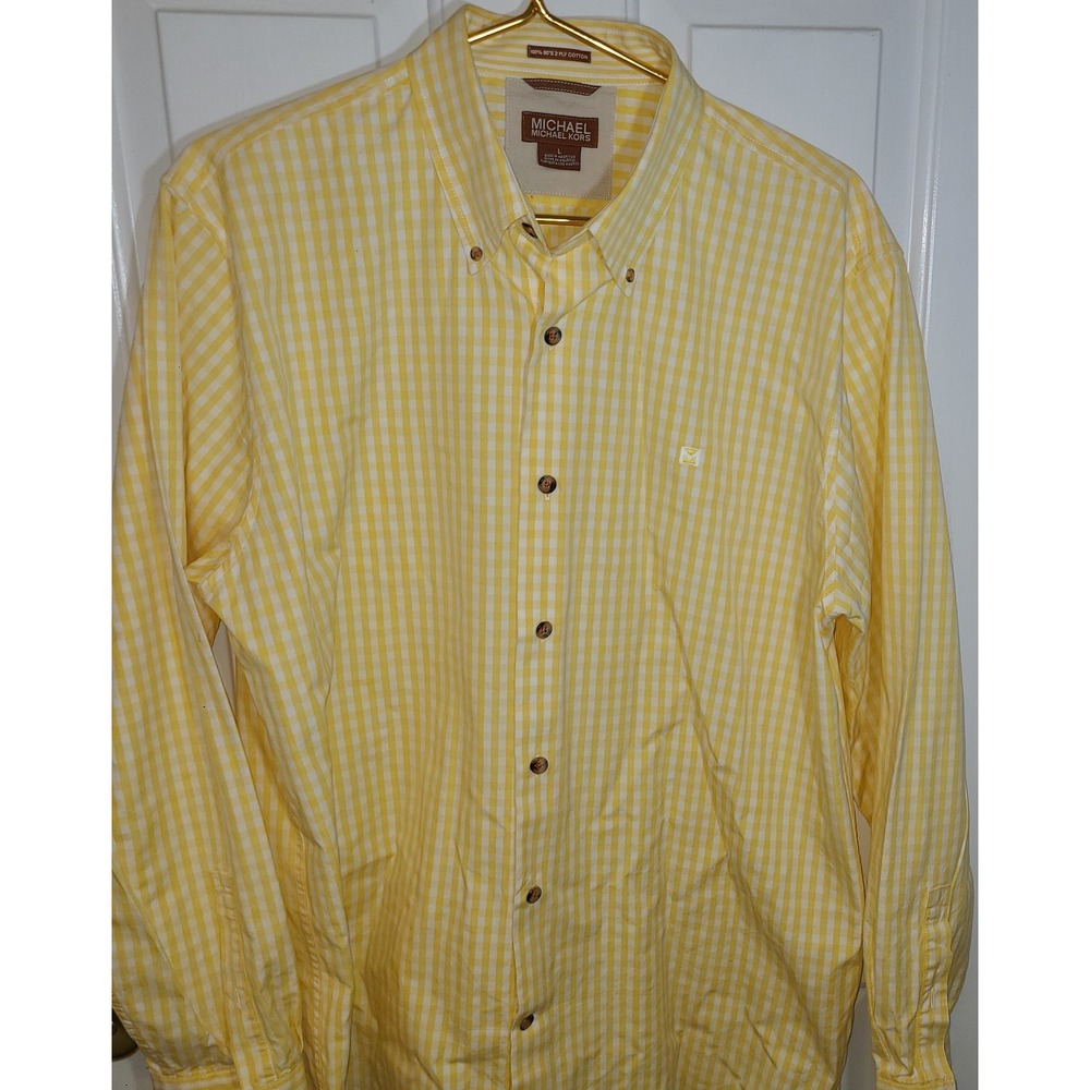 Michael Kors Men's Yellow Gingham Performance Dress Shirt - Size L Button down